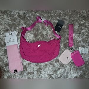 LULULEMON Pink dual pouch Wristlet + FABLETICS Purse + Yoga Socks BUNDLE NWT NEW
